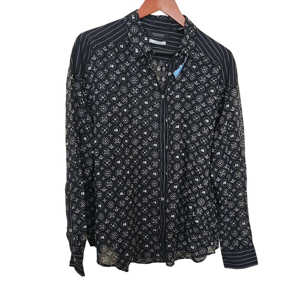 Scotch & Soda Women's L Top‎ Ride Out Button Down Black White Mixed Print Sheer